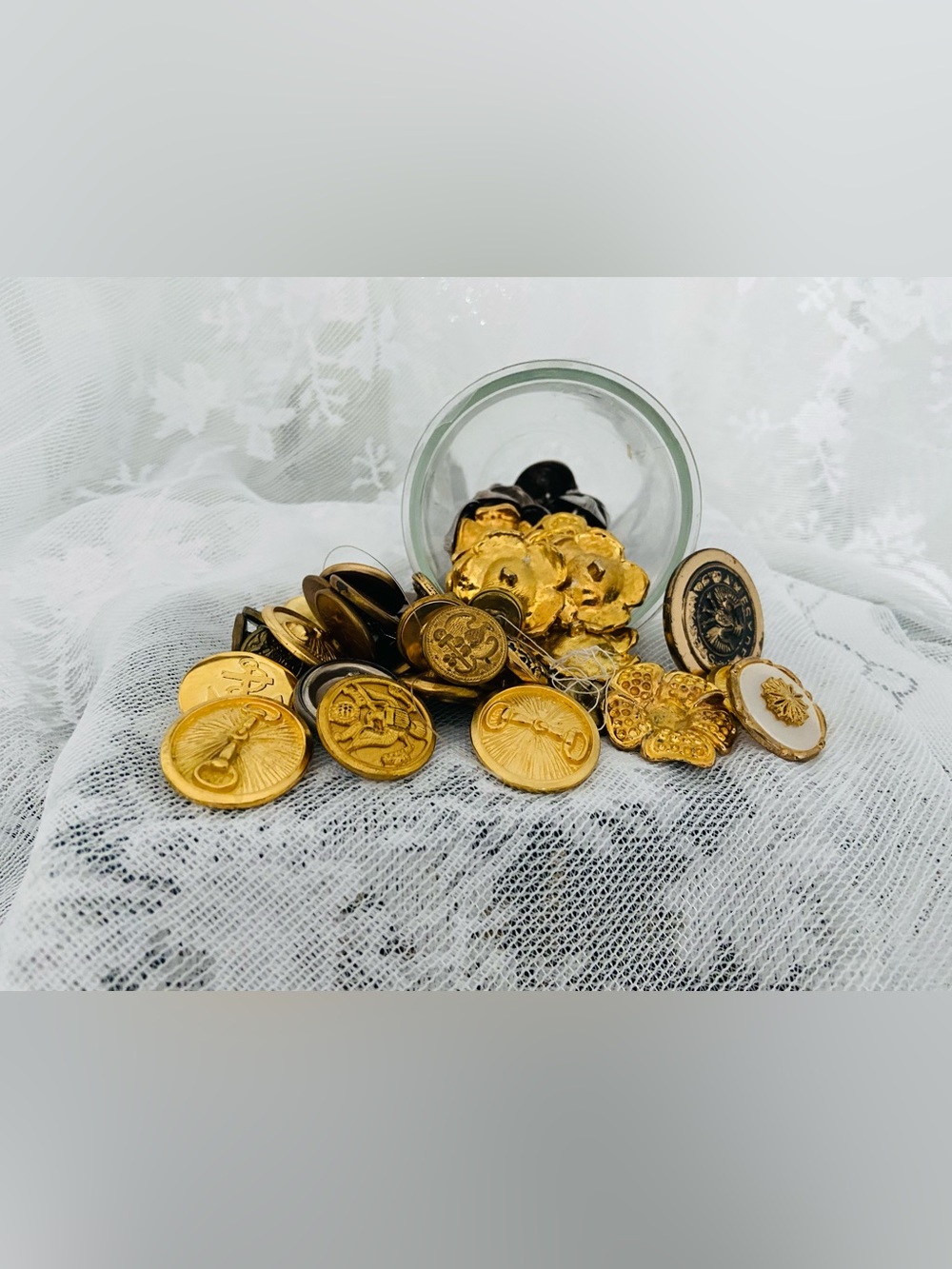 Unique Vintage Button Lot Military Equestrian Pearl Silver Gold Flowers